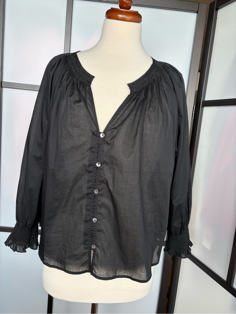 Rails Mariah Blouse True Black Cotton Smocked Peasant Top L NWT